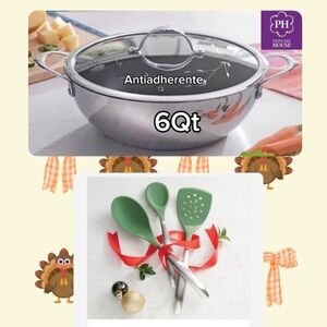 Princess House Silver Nonstick 6Qt Pot with Green Utensils